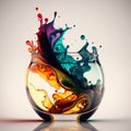 Glass with splashes colors flowing through the liquid