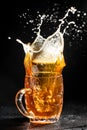 glass of splashing beer. Freeze motion splash drops of beer foam