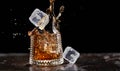 Glass of splashing whiskey with icecube on stone table, on black background