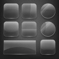 Glass square, rectangular and round buttons on checkered background. Vector icons set Royalty Free Stock Photo