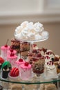Glass stand with cupcakes on a wedding candy bar table
