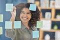 Glass, sticky notes and woman writing idea, planning and strategy in office, happy and vision. Wall, black woman and Royalty Free Stock Photo