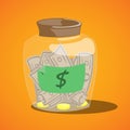 Glass jar with bills. Vector image. Royalty Free Stock Photo