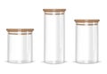 Glass storage jars different heights with airtight seal bamboo lids vector mock-up set. Clear empty food canisters