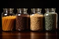 glass storage jars filled with grains and pastas