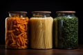 glass storage jars filled with grains and pastas