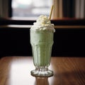 a glass with a straw and a green drink on a table