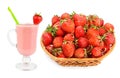 Glass with strawberry cocktail and fresh strawberries in a basket isolated on white. Collage Royalty Free Stock Photo