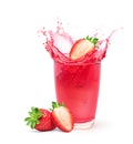 Glass of strawberry juice with cut in half fruit and splashing Royalty Free Stock Photo