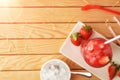 Glass of strawberry juice with ice on wooden table top Royalty Free Stock Photo