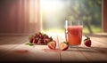 a glass of strawberry juice next to a plate of strawberries