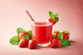a glass of strawberry juice with a straw and fresh strawberries on a pink background Royalty Free Stock Photo