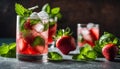 A glass of strawberry lemonade with strawberries and mint