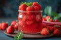 A glass of strawberry rhubarb-strawberry marmalade