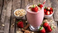 A glass of strawberry smoothie with strawberries and granola Royalty Free Stock Photo