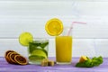 A glass of sweet freshly squeezed orange juice and a glass of Mojito with ice. Sprig of mint and orange slices Royalty Free Stock Photo
