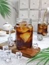 A glass of sweet iced tea on a white photo theme