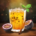 Glass of sweet and tangy passion fruit drink with fresh passion fruit on a table Royalty Free Stock Photo