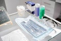 Glass table in dentist office with all necessary tools for teeth treatment Royalty Free Stock Photo