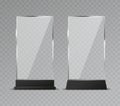 Glass table display. Office transparent glass table signs modern plastic clear stand reflection shiny plates vector Royalty Free Stock Photo