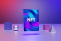 Glass tablet with NFT sign, 3D rendering concept of non fungible token artwork in metaverse digital exhibition