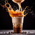 Glass of Taiwanese bubble milk tea, dynamic splash effect