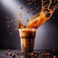 Glass of Taiwanese bubble milk tea, dynamic splash effect