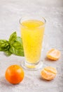 Glass of tangerine orange colored drink with basil seeds on a gray concrete background. Side view Royalty Free Stock Photo