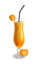 Glass of tasty mandarin smoothie on white background