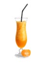 Glass of tasty mandarin smoothie on white background