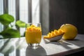 Glass of mango banana smoothie for breakfast on sunny morning in the kitchen