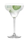 Glass of tasty martini with cucumber and lime on white Royalty Free Stock Photo