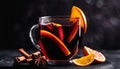 A glass of tea with orange slices and cinnamon sticks