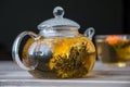 A glass tea pot with Flower Chinese tea and a cap of green tea on wooden table in front of dark background Royalty Free Stock Photo