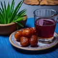 a glass of tea and some dates on a plate