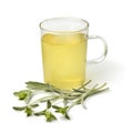 Glass of tea with a twig of fresh green ironwort