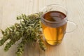 Glass of tea with twigs of dried green ironwort