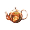 Glass teapot of black tea with citrus and lemon and mint. Watercolor hand-drawn illustration isolated on white Royalty Free Stock Photo