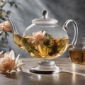 A glass teapot with blooming tea unfurling in hot water, creating a floral display1