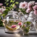 A glass teapot with blooming tea unfurling in hot water, creating a floral display2