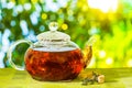 Glass teapot with brewed tea is on the table on a sunny summer day Royalty Free Stock Photo