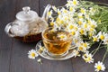 Glass teapot and cup with green tea on old wooden table with fresh herbs Royalty Free Stock Photo