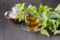 Glass teapot and cup with green tea on old wooden table with fresh herbs Royalty Free Stock Photo