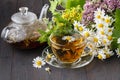 Glass teapot and cup with green tea on old wooden table with fresh herbs Royalty Free Stock Photo