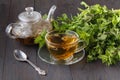 Glass teapot and cup with green tea on old wooden table with fresh herbs Royalty Free Stock Photo