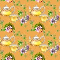 Glass teapot and cup, passion flower, stem watercolor seamless pattern isolated on beige. Royalty Free Stock Photo