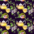Glass teapot and cup, passion flower, stem watercolor seamless pattern isolated on dark. Royalty Free Stock Photo