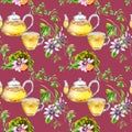 Glass teapot and cup, passion flower, stem watercolor seamless pattern isolated on magenta. Royalty Free Stock Photo