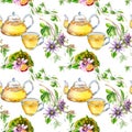 Glass teapot and cup, passion flower, stem watercolor seamless pattern isolated on white.