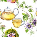 Glass teapot and cup, passion flower, stem watercolor seamless pattern isolated on white. Royalty Free Stock Photo